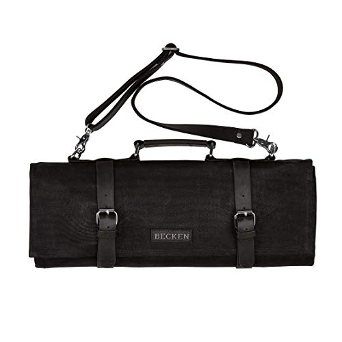 Chef Knife Roll Bag - Handmade Waxed Canvas and Leather Knife Bag Stores 10 Knives + Zipper Pocket and Shoulder Strap (Black)