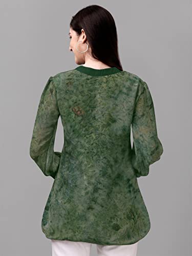 Image of Gufrina Women's Georgette Apple Cut Short Kurti with Long Puff Sleeves Western Style Keyhole Neck Solid Pattern Regular Fit and Mid Thigh Length