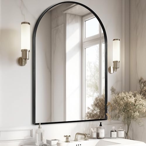 Minuover 28" x 36" Black Arched Mirror, Large Arch Bathroom Wall Mirror, Metal Frame Arched Top Bathroom Vanity Mirror for Living Room, Bedroom, Entryway, Tempered Glass, Shatter Proof