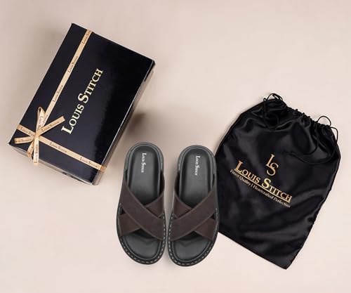Image of LOUIS STITCH Brown Comfortable Men's Sandals | Lightweight Casual Cross Strap Slip-On Sandals| Everyday Wear Sandals with PU Cushion Sole | LSOF-22-BB