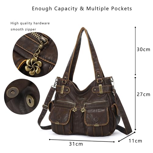 Image of Purses Women Handbags Large Double Zipper Multi Pocket Washed Shoulder Bags Purse with compartments Designer
