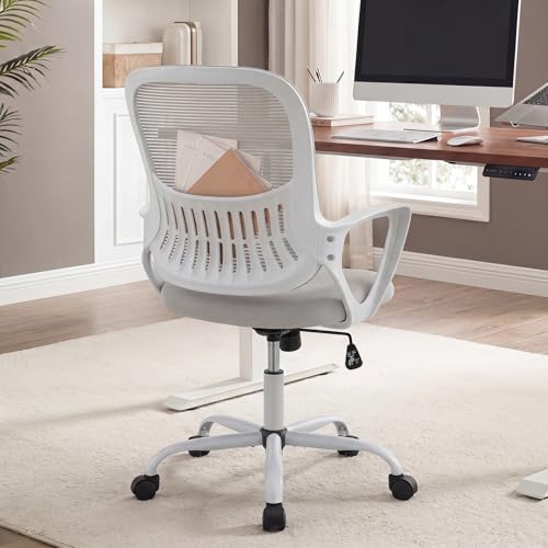 Image of Home Office Desk Chair, Ergonomic Mid-Back Mesh Computer Task Chair with Comfortable Lumbar Support, Height Adjustable Swivel with Fixed Armrest for Adults, Student, Grey