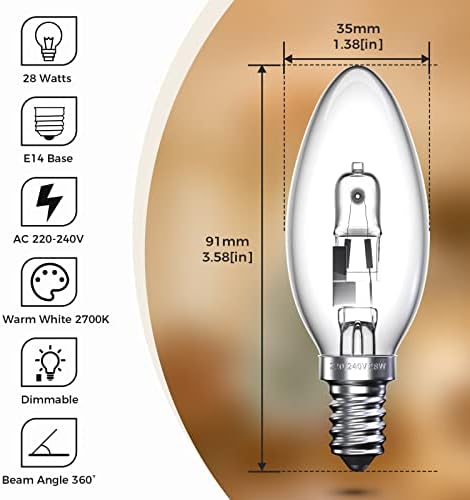 Bonlux E14 28W Halogen Candle Light Bulbs, Small Screw Candle Bulb Dimmable, 10 Pack Screw in Light Bulbs Warm White