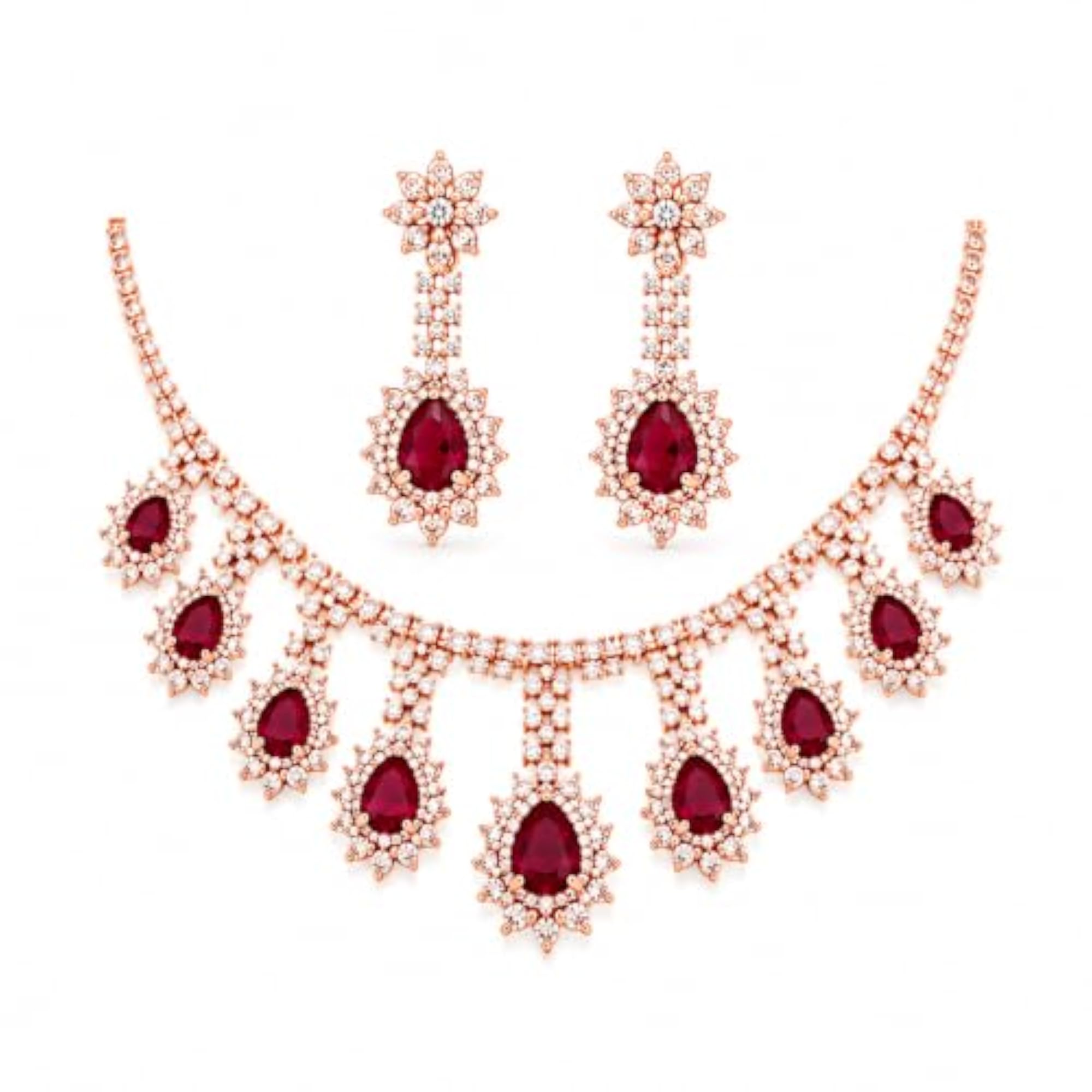 Rose Gold Ruby Red Pear Drop Necklace and Earrings Jewellery Set