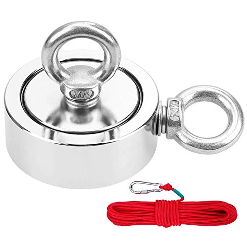 Anpro Imán de Neodimio,Imanes Super Potentes de Doble Cara,Diámetro 67MM,Fuerza de Tracción 300 KG con 20M Cuerda de Nylon Rojo, Imán para Pescar, Rescate, Industria en el Río