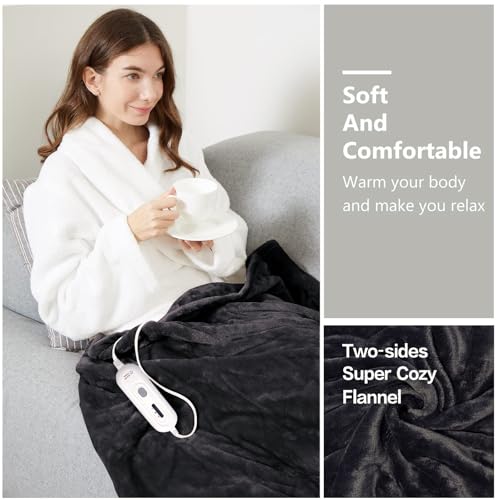 Image of Tefici Electric Heated Blanket Throw, Super Cozy Soft 2-Layer Flannel 50 inch x 60 inch Heated Throw with 3 Heating Levels & 4 Hours Auto Off, Machine Washable, ETL&FCC Certified, Home Office Use,Black