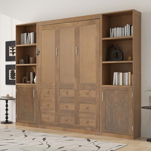 VilroCaz Queen Size Murphy Bed with Storage Cabinets and Shelves,