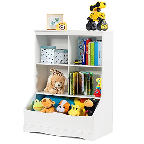 Toy Box Storage Organizer, 3-Tier Storage Shelf Kids Toy Cabinet, w/ 4 Open Cubby & 1 Bin, Kids Bookshelf Display Bookcase w/Footboard, for Girls & Boys Bedroom & Playhouse & Gaming Room, White