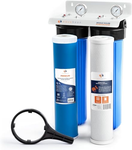 2-Stage Whole House Water Filter System with 20x4.5 GAC & Carbon Filters Against Chlorine & Odor | Pressure Gauge & Release, Wrench, Bracket Included
