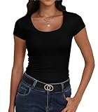 Roselux Women's Scoop Neck Short Sleeve Fitted Shirts Summer Casual Stretchy Basic T-Shirt Tops Black,L,3028