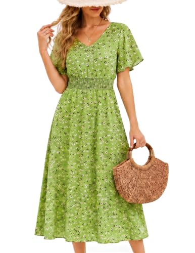 Image of Gardenwed Chiffon Floral Dresses Summer Midi Wedding Guest Dress V Neck for Women Elastic Waist