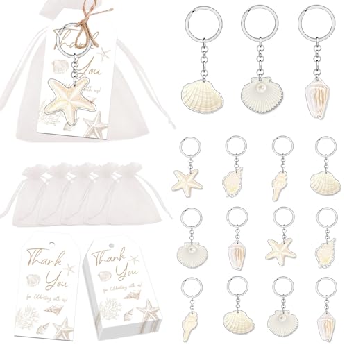 24 Sets Ocean Keychain Party Favor Set Seashell Starfish Conch Keyrings Beach Theme Thank You Tags White Organza Bags for Guest Beach Seashell Keychain Charm Wedding Party Bridal Shower Gift