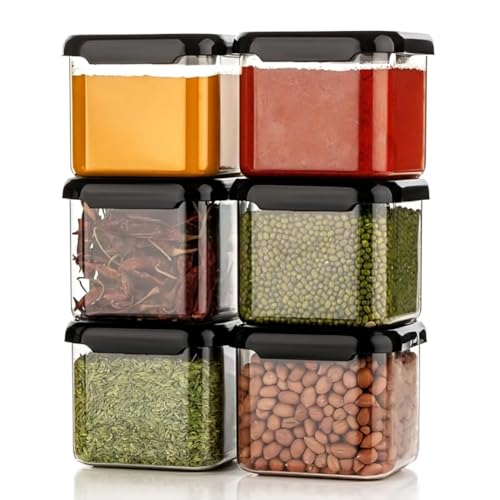Image of 500ml Square Container Set of 12 | Black Plastic Kitchen Storage Boxes | Airtight Food Containers for Home, Pantry, Snacks, Grains, Spices | Durable & Space Saving Organiser
