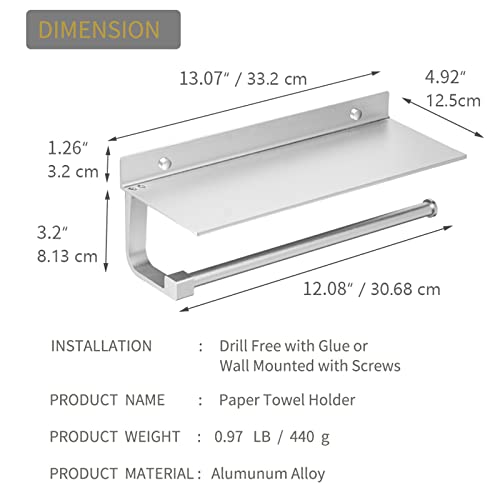 Besy Adhesive Paper Towel Holder Wall Mounted For Kitchen 13 In, Bathroom Tissue Roll Hanger With Storage Shelf, Space Aluminum, Self Adhesive With Glue Or Wall Mount With Screws, Dull Polished Silver #TOP2