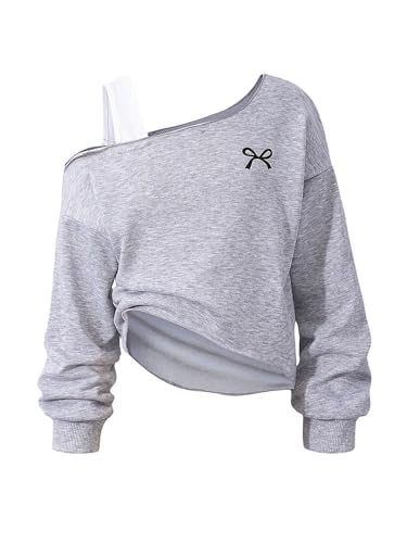 GORGLITTER Girl's Bow Print Cold Shoulder Sweatshirts Asymmetrical Long Sleeve Streetwear Tops Grey 11Y