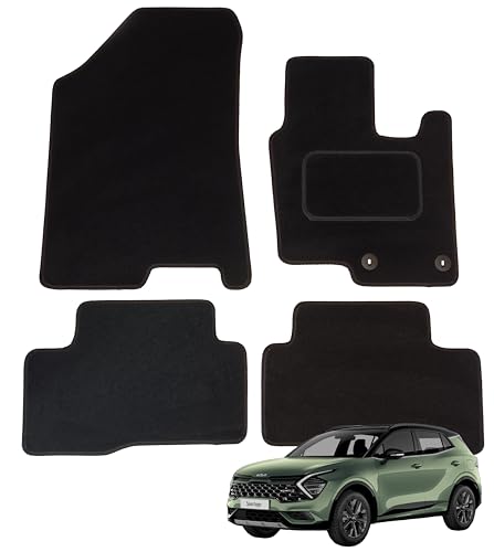 Alfombrillas a medida para Kia Sportage 2021-2025 (5ª generación) híbridas, juego de 4 alfombrillas negras con ribete negro con 2 clips de seguridad