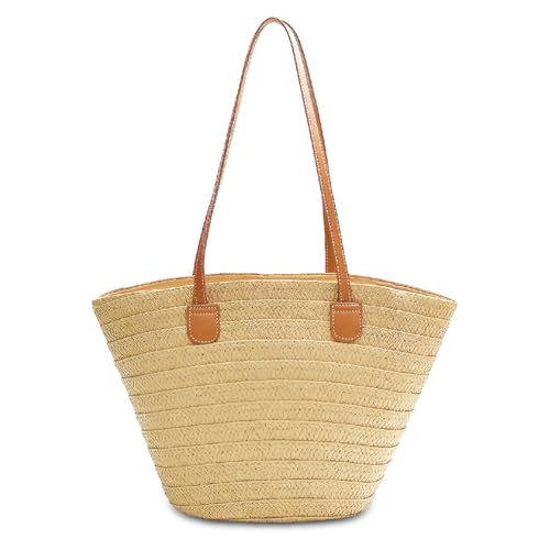 Bolsa de Praia Feminina em Palha Grande com Zíper Tote Verão com Alça de Ombro Casual para Viagem, Piscina e Dia a Dia (Bege Escuro)