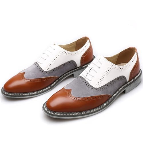 Image of Men's Leather lace-up Brogues Dress Oxford Shoes Classic Wingtip Two Tone Derby Gatsby Prom Shoes Fashion Round Toe Business Formal Leather Shoes