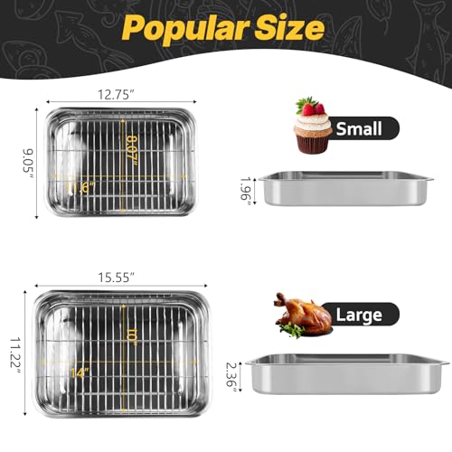 2 Pcs 12.7\"15.5\" Stainless Steel Roasting Pans with Handles, Baking Pan for Oven with 2 Pcs Flat Racks, Heavy Duty, Dishwasher Safe Rectangular Lasagna Pan with Handles for Turkey Chicken, Silver - Thumbnail 2