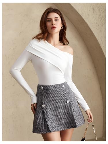 Women's High Waisted Tweed Skirt Button Front A Line Mini Work Office Skirts4