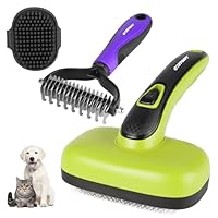 Dog Brush Kit – 3 PCS Grooming Set with Self-Cleaning Brush, Undercoat Rake & Pet Bath Brush. Great for Shedding, Tangles & Dirt Removal – Ideal for Long & Short Haired Dogs & Cats, Green