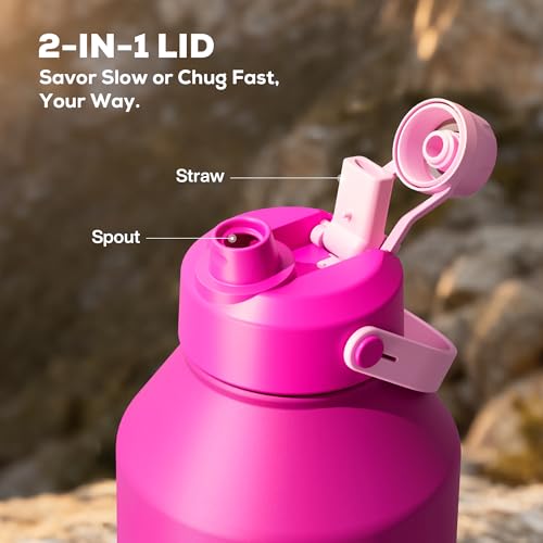 Image of POWCAN 64 oz Insulated Metal Water Bottle for Women: 2-in-1 Straw & Spout Lid, Keep Cold 48H, Leakproof, Carrier Bag, Half Gallon Stainless Steel Water Bottle for Sports, Travel, and Fitness (Peony)