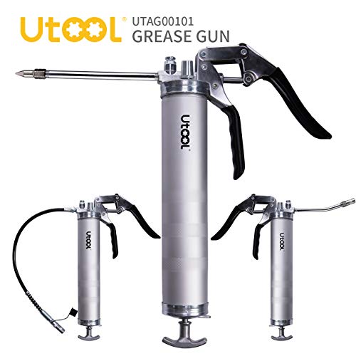 UTOOL Grease Gun, 7000 PSI Heavy Duty Pistol Grip Grease Gun Set with 14 oz Load, 18 Inch Spring Flex Hose, 2 Working Coupler, 2 Extension Rigid Pipe and 1 Sharp Type Nozzle Included, Silver