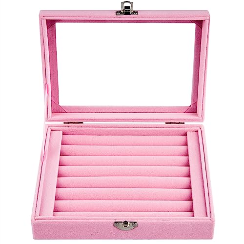 Jutieuo 7 Slots Ring Holder Storage Box Pink Velvet Ring Display Case Jewelry Earrings Necklace Organizer Tray With Top Glass Lid Store Showcase Gift For Women Girls #TOP2