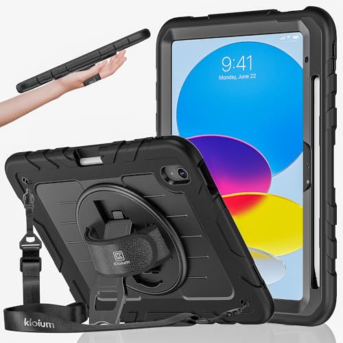 Kloium Case for iPad (A16) 11th Generation (2025) & iPad 10th Generation 10.9 Heavy Duty Shockproof Rugged iPad Case for Kids with 360 Rotating Stand Pencil Holder Shoulder Strap