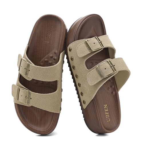 Image of UBFEN Womens Platform Slide Sandals | Real Leather,Buckle Sandals with Cushioned Flatform Footbed,Comfortable for Walking,Arch Support,Casual Styling
