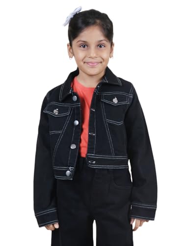 KiddoPanti Girls Full Sleeve Patch Detailed Crop Denim Jacket, Black With Badges - 2-3Y