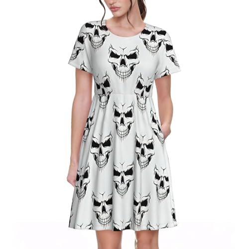 Vestito da donna casual a maniche corte a girocollo con stampa a testa di scheletro monocromatico a tema Halloween per abiti versatili estivi, Nero , M
