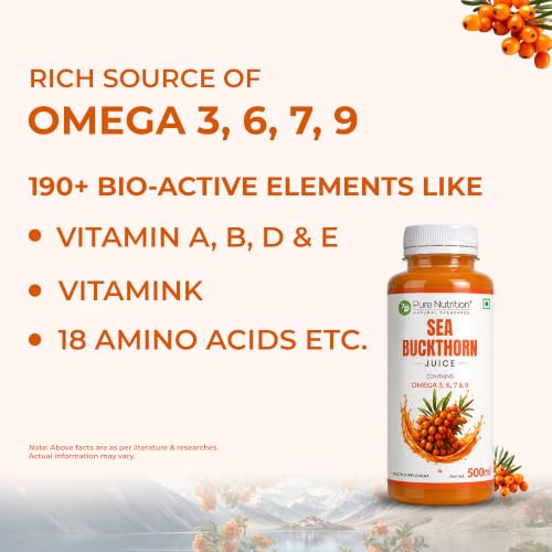 Image of Pure Nutrition Seabuckthorn Juice 500ml | Rich in Omega Fatty Acids (3,6,7 & 9), Vitamins & Antioxidants | Sea buckthorn Supports Immunity, Heart & Digestive Health | Promotes Skin, Cellular Health & Overall Wellness