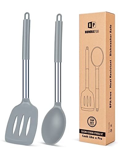 Pack of 2 Large Silicone Slotted Spatula, Non Stick Solid Spoon, High Heat Resistant BPA Free Cooking Utensils, Ideal Kitchen Cookware for Frying, Turning, Mixing, Serving, Draining, Stirring