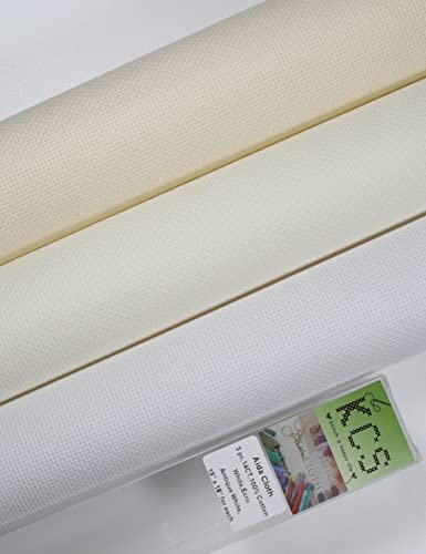 Image of KCS 3 pc of 15 inch x 18 inch Counted Cross Stitch Cotton Aida Cloth Needlework Rolled Fabric Box,14CT,White+Antique White+Ecru