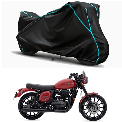Image of Waterproof Bike Body Cover Compatible for | Jawa 42 2.1 | Taffeta Fabric, Sky Piping Design, Bottom Elastic Fit | Dustproof, Sun UV & Rain Protection for All Weather.