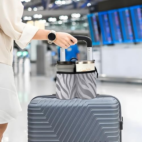 Image of Luggage Cup Holder for Suitcases Free Hands Suitcase Cup Holder Travel Luggage Drink Holder Portable Luggage Cup Caddy Bag Carrier with Handle Light Silvery Zebra Print