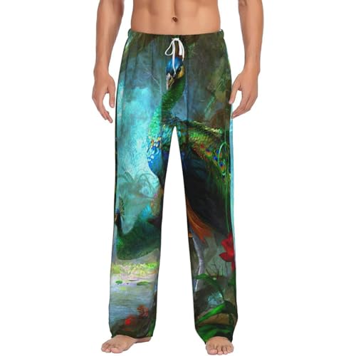 Pantalon de pyjama en flanelle pour homme à imprimé paon coloré, bas de nuit doux
