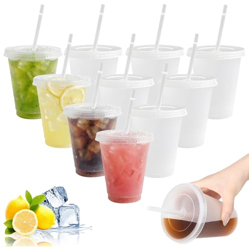 Lekeeu Lot de 10 Gobelets Réutilisables en Plastique avec Couvercle et Pailles 475ml/16oz Tasse pour Fête Tasse de Voyage pour Smoothie Café Boissons Jus Fêtes...