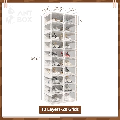Image of ANTBOX Collapsible Shoe Boxes Clear Plastic Stackable, Quick Setup Drop Front Shoe Organizer, Display Storage Cabinet for Sneakers10 Tiers 20 Pairs