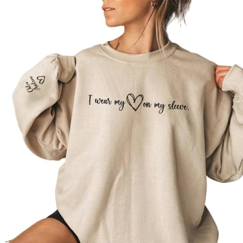 Custom I Wear My Heart on My Sleeve Sweatshirt Kids Children Name on Sleeve, Mom Mama Sweatshirt, Personalized Hoodie Mothers Day Birthday for Mom, Mama, Grandma, Women.