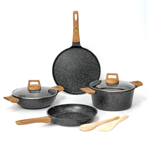 Image of Kreme CeraStone Ultra Granite Nonstick Cookware Set 8 Pieces, Kadai 2.5L, Frying Pan 1.7L, 28cm Tawa, Glass Lid, Casserole Pot 4.4L, 2 Spoons, Made in India, Induction Compatible, PFOA Free, Black
