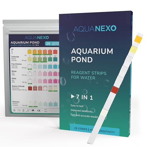 AQUANEXO 25x oder 100x Wassertest Aquarium 7in1, Aquarium Teststreifen, Aquarium Zubehör, Wasseranalyse bei Haltung Fische in Aquarien oder Teich, pH Teststreifen, Karbonat, Chlor, Ammonium (25)