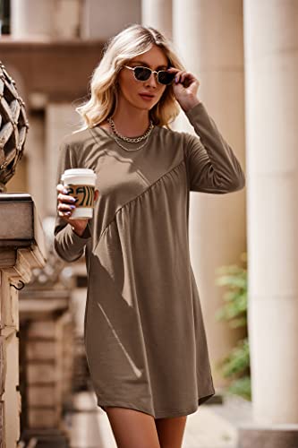 Prettygarden Women's Long Sleeve Mini Tunic Dress Casual Crewneck Loose Flowy Shift Ruched Dresses (Khaki,Large) #TOP3