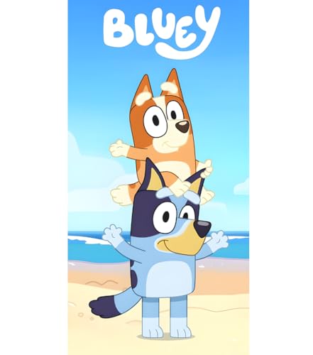 BrandMac Serviette de Plage et de Bain Bluey & Bingo 70x140 cm, 100% Coton | Serviette de Bain et de Natation Douce et absorbante pour Enfants | Idéale pour la Plage, Le Bain et la Piscine