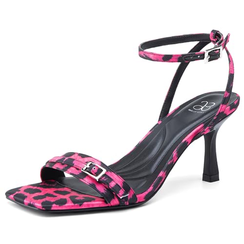 NEWBELLA Women's Leopard Stiletto Sandals - Fashionable Square Toe Lace-Up Evening High Heels for Parties & Summer, Hot Pink 10