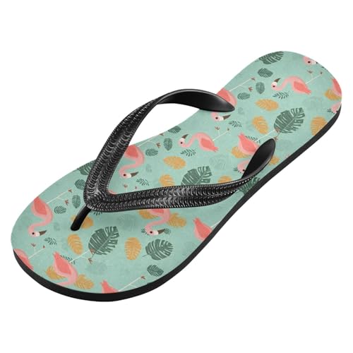 ALAZA Flamingo Tropical Leaves Flip Flops for Women Fashion Beach Slippers Comfort Mens Flip Flops Non-Slip Rubber Shower Slippers Sandal for Hotel Travel Sport,XS2