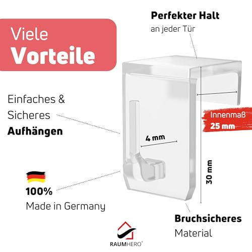 Raumhero Fensterhaken 100% Made in Germany - zum Einhängen (26 Stk.) Haken für Fenster Deko, Aufhänger Fensterdeko, Lichterkette, Weihnachtsstern - Haken transparent (Klemmbereich: 21-25 mm)