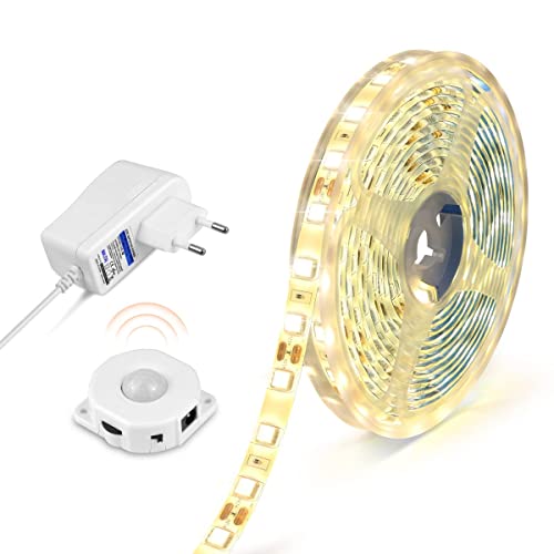 AIMENGTE Led Strip Bewegungsmelder & Netzteil,Led Streifen Wasserdicht IP65 LED Leiste SMD5050 Led Band Beleuchtung Perfekt für Küche, unter Schrank,Treppe (3M, Warmweiß) Cover