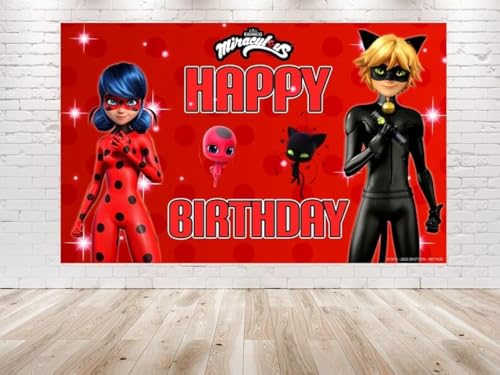 PC 5x3 FT Miraculous Ladybug Backdrop for Birthday Party Decorations. Cartoon Miraculous Ladybug Background for Theme Birthday., Red (M_B1)